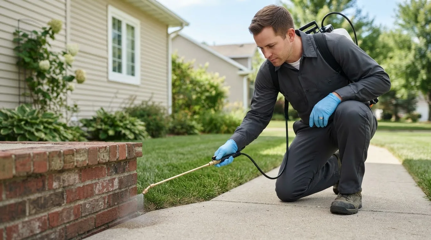 Pest control technician treating a home near Slayton, MN